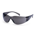 A pair of safety spectacles with black impact-resistant lenses and adjustable side arms, for eye protection during site work.