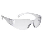 A pair of safety spectacles with clear impact-resistant lenses and adjustable side arms, for eye protection during site work.