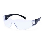 A pair of safety spectacles with black impact-resistant lenses and adjustable side arms, for eye protection during site work.