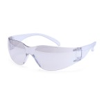A pair of safety spectacles with clear impact-resistant lenses and adjustable side arms, for eye protection during site work.