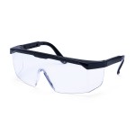 A pair of safety spectacles with clear impact-resistant lenses and adjustable side arms, for eye protection during site work.