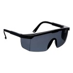A pair of safety spectacles with clear impact-resistant lenses and adjustable side arms, for eye protection during site work.