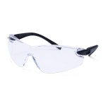 A pair of safety spectacles with clear impact-resistant lenses and adjustable side arms, for eye protection during site work.