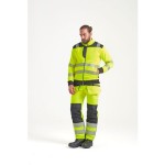 A pair of high-visibility yellow trousers featuring retroreflective tape panels, suitable for a wide range of outdoor and site work applications.