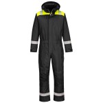 A black coverall designed for use on construction sites and in industrial work environments.,