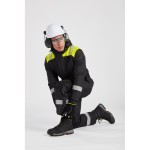 A black coverall designed for use on construction sites and in industrial work environments.,