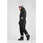 A black coverall designed for use on construction sites and in industrial work environments.,
