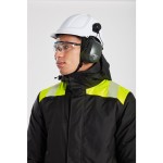 A black coverall designed for use on construction sites and in industrial work environments.,
