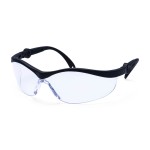 A pair of safety spectacles with clear impact-resistant lenses and adjustable side arms, for eye protection during site work.