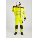 A high-visibility yellow jacket featuring retroreflective tape panels, suitable for a wide range of outdoor and site work applications.