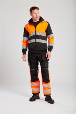A high-visibility orange sweatshirt featuring retroreflective tape panels, a full-length zip front, suitable for a wide range of outdoor and site work applications.