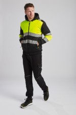 A high-visibility yellow sweatshirt featuring retroreflective tape panels, a full-length zip front, suitable for a wide range of outdoor and site work applications.