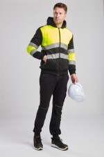 A high-visibility yellow sweatshirt featuring retroreflective tape panels, a full-length zip front, suitable for a wide range of outdoor and site work applications.