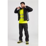 A black softshell jacket designed for use on construction sites and in industrial work environments.,