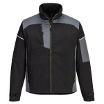 A black softshell jacket designed for use on construction sites and in industrial work environments.,