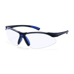 A pair of safety spectacles with blue impact-resistant lenses and adjustable side arms, for eye protection during site work.