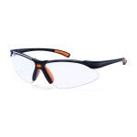 A pair of safety spectacles with orange impact-resistant lenses and adjustable side arms, for eye protection during site work.