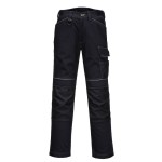 A pair of women's black work trousers featuring stretch panels for ease of movement, suitable for a wide range of outdoor and site work applications.