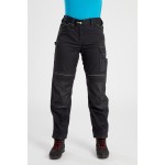 A pair of women's black work trousers featuring stretch panels for ease of movement, suitable for a wide range of outdoor and site work applications.