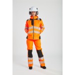 A women's high-visibility orange jacket featuring retroreflective tape panels, suitable for a wide range of outdoor and site work applications.