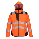 A women's high-visibility orange jacket featuring retroreflective tape panels, suitable for a wide range of outdoor and site work applications.