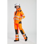 A women's high-visibility orange jacket featuring retroreflective tape panels, suitable for a wide range of outdoor and site work applications.