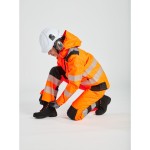 A women's high-visibility orange jacket featuring retroreflective tape panels, suitable for a wide range of outdoor and site work applications.