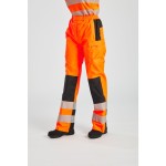 A pair of women's high-visibility orange trousers featuring retroreflective tape panels, suitable for a wide range of outdoor and site work applications.