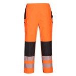 A pair of women's high-visibility orange trousers featuring retroreflective tape panels, suitable for a wide range of outdoor and site work applications.