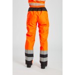 A pair of women's high-visibility orange trousers featuring retroreflective tape panels, suitable for a wide range of outdoor and site work applications.