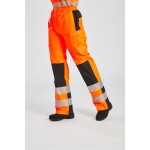 A pair of women's high-visibility orange trousers featuring retroreflective tape panels, suitable for a wide range of outdoor and site work applications.