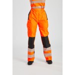 A pair of women's high-visibility orange trousers featuring retroreflective tape panels, suitable for a wide range of outdoor and site work applications.