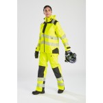 A pair of women's high-visibility yellow trousers featuring retroreflective tape panels, suitable for a wide range of outdoor and site work applications.