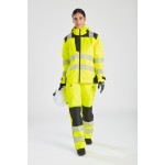 A pair of women's high-visibility yellow trousers featuring retroreflective tape panels, suitable for a wide range of outdoor and site work applications.