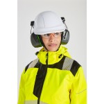 A women's high-visibility yellow waterproof jacket featuring retroreflective tape panels, suitable for a wide range of outdoor and site work applications.