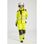 A women's high-visibility yellow waterproof jacket featuring retroreflective tape panels, suitable for a wide range of outdoor and site work applications.