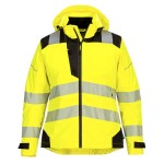 A women's high-visibility yellow waterproof jacket featuring retroreflective tape panels, suitable for a wide range of outdoor and site work applications.