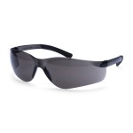 A pair of safety spectacles with black impact-resistant lenses and adjustable side arms, for eye protection during site work.