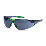 A pair of safety spectacles with clear impact-resistant lenses and adjustable side arms, for eye protection during site work.