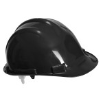 A black safety helmet with an adjustable suspension harness and ventilation slots, providing impact protection on construction sites.
