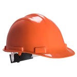 A orange safety helmet with an adjustable suspension harness and ventilation slots, providing impact protection on construction sites.