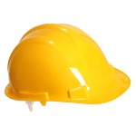 A yellow safety helmet with an adjustable suspension harness and ventilation slots, providing impact protection on construction sites.