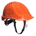 A orange safety helmet with an adjustable suspension harness and ventilation slots, providing impact protection on construction sites.