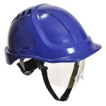 A blue safety helmet with an adjustable suspension harness and ventilation slots, providing impact protection on construction sites.