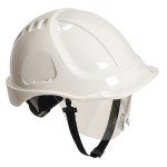 A white safety helmet with an adjustable suspension harness and ventilation slots, providing impact protection on construction sites.