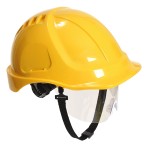 A yellow safety helmet with an adjustable suspension harness and ventilation slots, providing impact protection on construction sites.