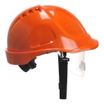 A orange safety helmet with an adjustable suspension harness and ventilation slots, providing impact protection on construction sites.