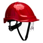 A red safety helmet with an adjustable suspension harness and ventilation slots, providing impact protection on construction sites.