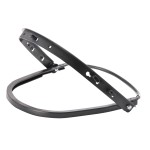 A safety helmet with an adjustable suspension harness and ventilation slots, providing impact protection on construction sites.