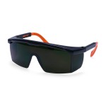 A pair of safety spectacles with clear impact-resistant lenses and adjustable side arms, for eye protection during site work.